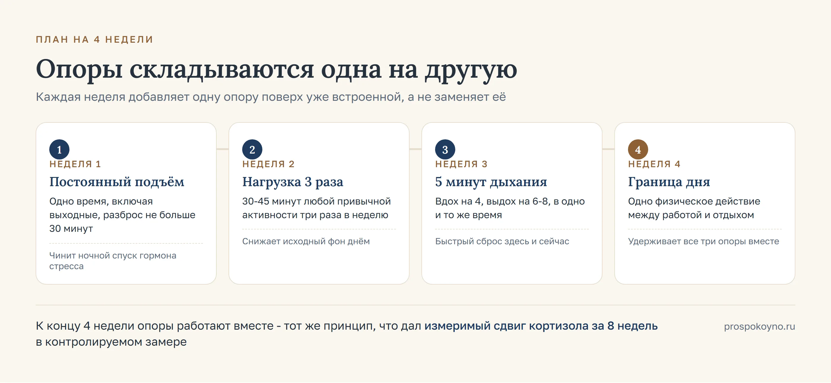 Лестница из четырёх недель: подъём, нагрузка, дыхание, граница дня, каждая ступень добавляется поверх предыдущей