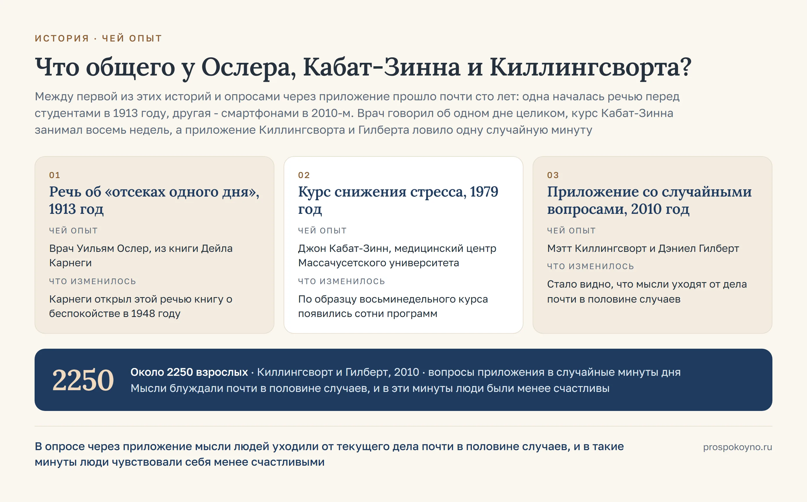 3 карточки по строкам таблицы раздела: речь об «отсеках одного дня», 1913 год, курс снижения стресса, 1979 год