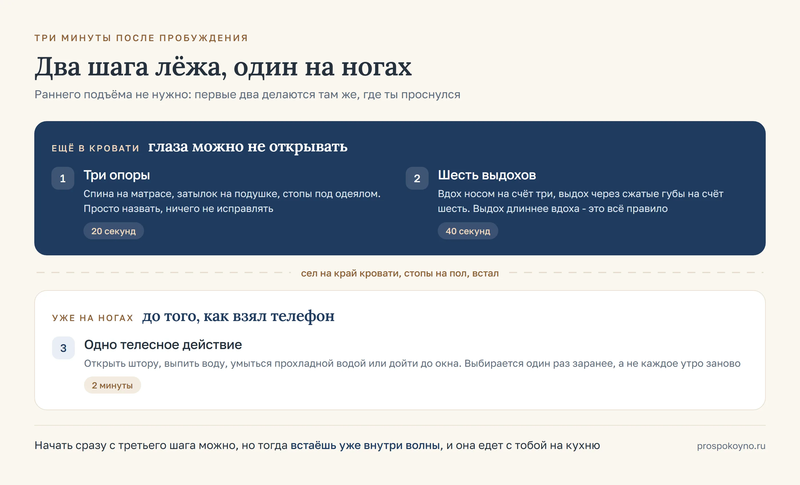 Карточка утреннего протокола: три опоры, шесть выдохов длиннее вдоха, вертикаль и одно действие