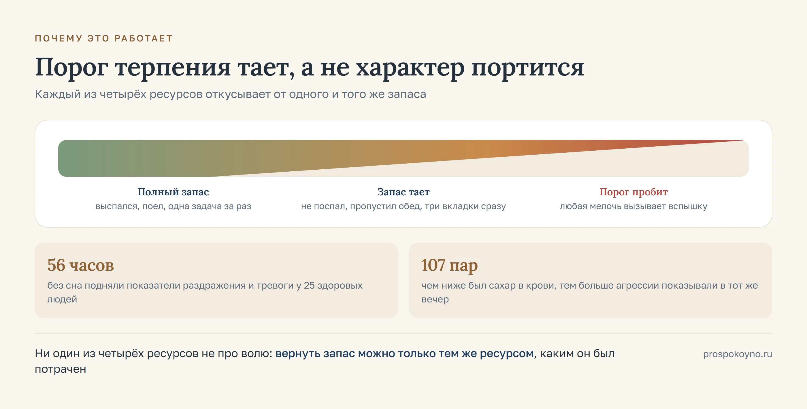 Шкала от полного запаса до пробитого порога терпения с цифрами: 56 часов без сна и 107 пар с замером сахара